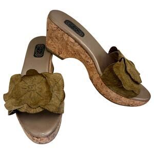 Vintage Salpy Y2K Suede Leather Textured Leaf Slide Cork Wedge Sandal Boho Retro